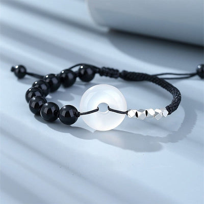Buddha Stones 925 Sterling Silver Black Obsidian Agate Peace Buckle Strength Bracelet