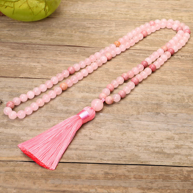 Buddha Stones 108 Mala Beads Pink Crystal Love Tassel Bracelet Mala Bracelet BS 8