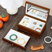 Buddha Stones Vintage Solid Wood Jewelry Box Flower Carved Jewelry Storage Box With Mirror