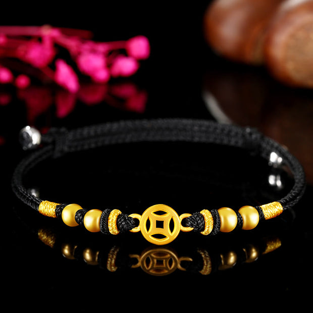 Buddha Stones 999 Gold Copper Coin Handmade Eight Thread Peace Knot Braided Luck Strength Bracelet