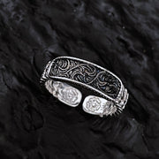 Buddha Stones Tang Dynasty Flower Design Engraved Copper Luck Cuff Bracelet Bangle Adjustable Ring Bracelet Bangle BS Silver Tang Dynasty Flower Design Ring