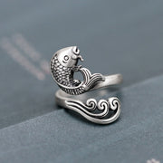 Buddha Stones 925 Sterling Silver Koi Fish Water Ripple Luck Wealth Ring