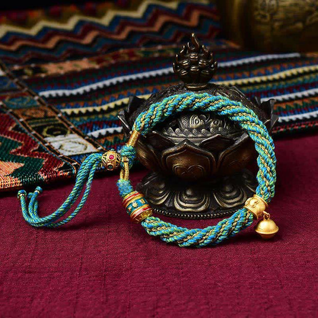 Buddha Stones Tibetan Handmade Luck Protection Thangka Prayer Wheel Bell Charm Braid String Bracelet Bracelet BS 10