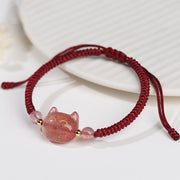 Buddha Stones Handmade Natural Silver Sheen Obsidian Strawberry Quartz Cute Cat Protection Braided Bracelet Bracelet BS 9