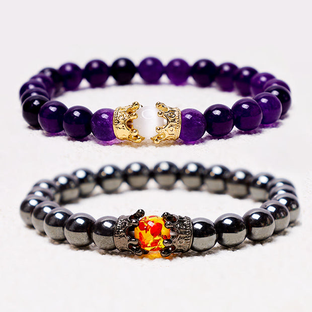 Buddha Stones Natural Stone King&Queen Crown Healing Energy Beads Couple Bracelet Bracelet BS 1