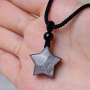 Buddha Stones Natural Silver Sheen Obsidian Star Crescent Moon Protection Necklace Pendant