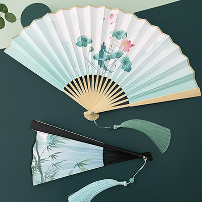 Buddha Stones Retro Lotus Flower Leaf Mountain Lake Handheld Folding Fan With Bamboo Frames Folding Fan BS main