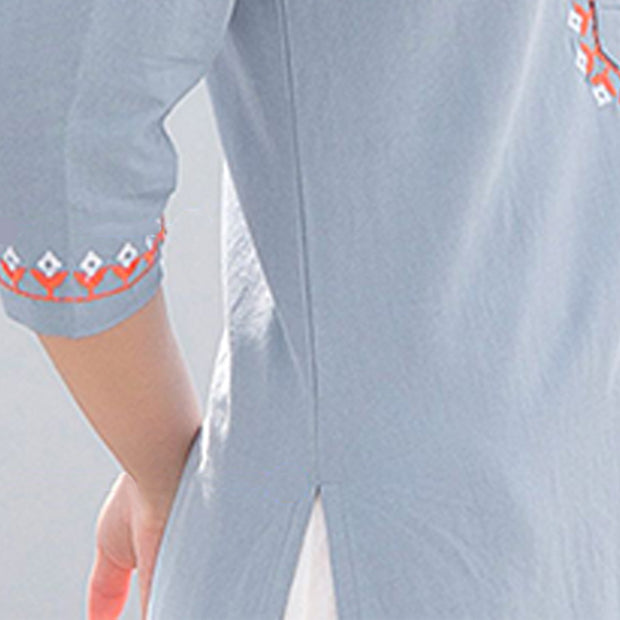 Buddha Stones 2Pcs V-neck Embroidery Yoga Clothing Zen Meditation Cotton Linen Top Pants Women's Set