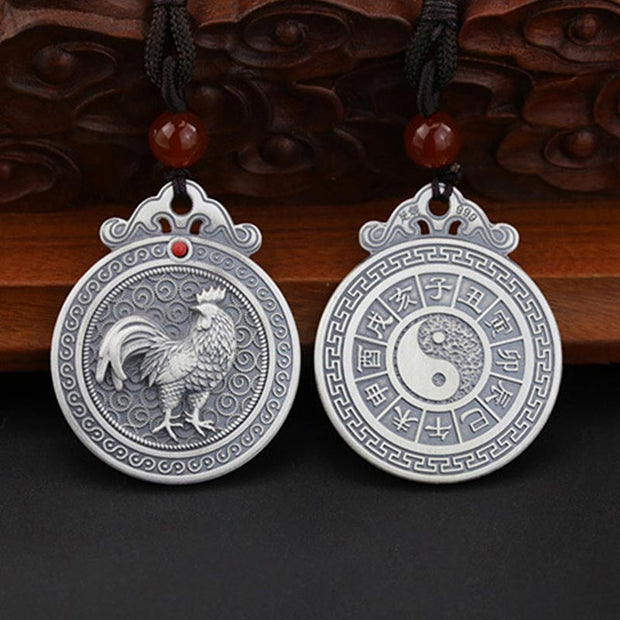 Buddha Stones 999 Sterling Silver Chinese Zodiac Yin Yang Balance Necklace Pendant Necklaces & Pendants BS Rooster