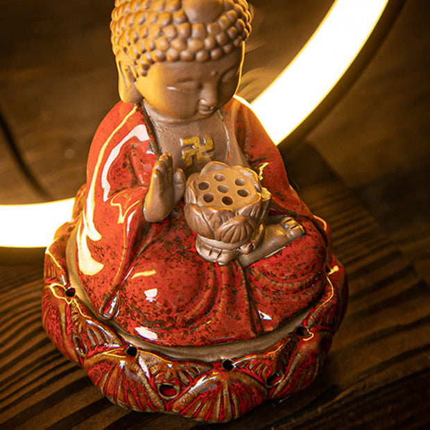 Buddha Stones Buddha Lotus Backflow Smoke Fountain Ceramic Blessing Incense Burner With Light Decoration Incense Burner BS 3