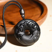 Buddha Stones Chinese Zodiac Natural Black Obsidian Peace Buckle Strength Necklace Pendant Necklaces & Pendants BS 6