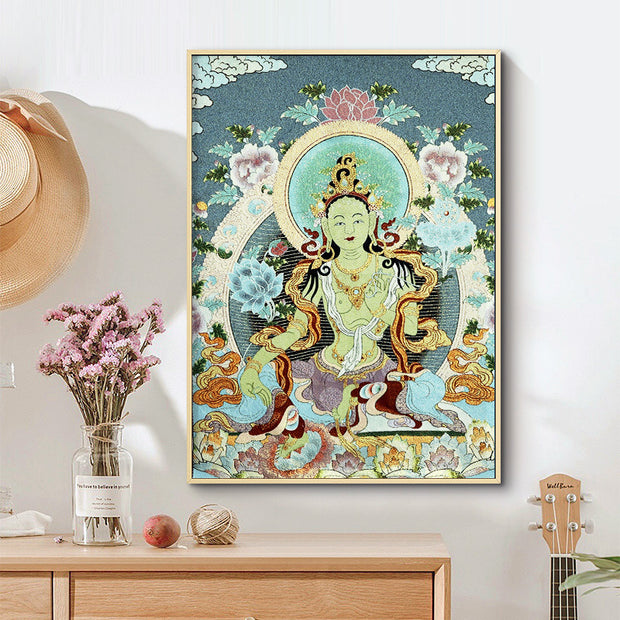 Buddha Stones Tibetan Silk Embroidery White Tara Thangka Tapestry Wall Hanging Wall Art Meditation for Home Decor
