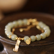Buddha Stones Natural Hetian Jade Prosperity Lotus Bamboo Charm Bracelet