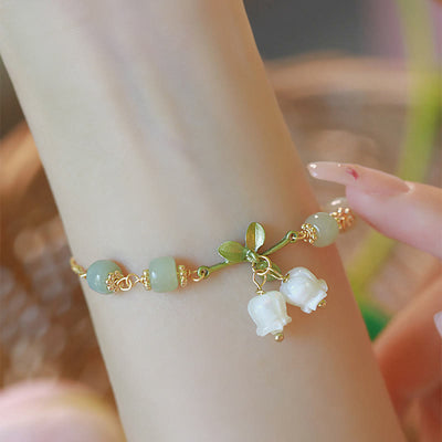 Buddha Stones Green Jade Bead Lily of the Valley Prosperity Chain Bracelet Bracelet BS Lily of the Valley(Wrist Circumference 14-15cm)