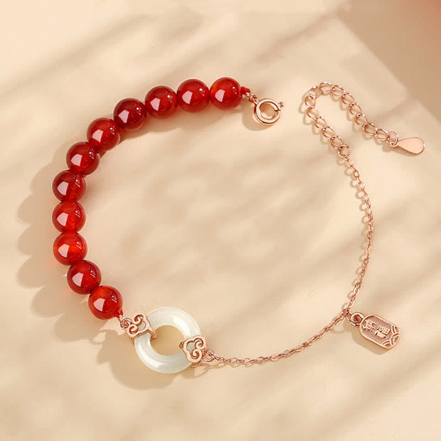 Buddha Stones 925 Sterling Silver Natural Red Agate White Jade Peace Buckle Confidence Bracelet Bracelet BS 4