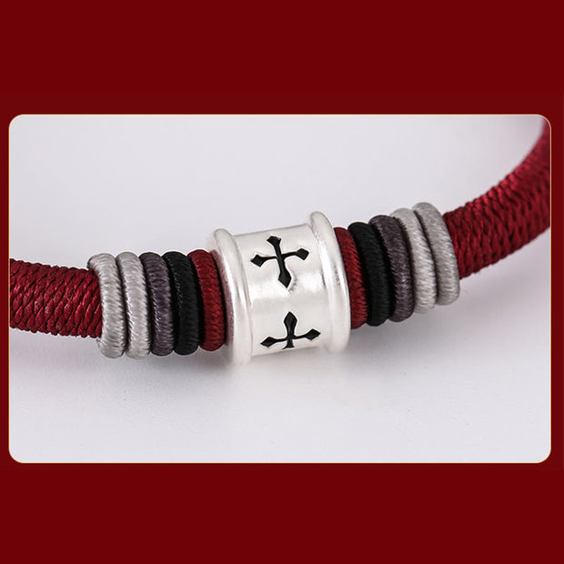 Buddha Stones 925 Sterling Silver Cross Bead Pattern Luck Strength Handmade Braided Bracelet