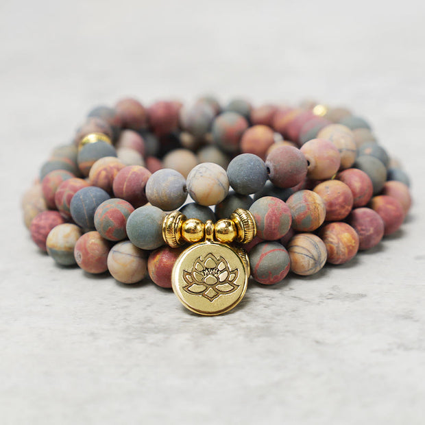 Buddha Stones 108 Mala Beads Picasso Jasper Stone Courage Energy Bracelet Mala Bracelet BS 1