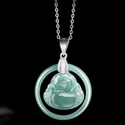 Buddha Stones 925 Sterling Silver Natural Jade Round Laughing Buddha Abundance Chain Necklace Pendant