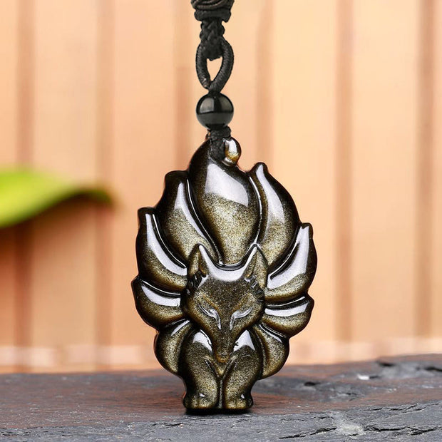 Buddha Stones Natural Fluorite Gold Sheen Obsidian Fox Pendant Protection Necklace Necklaces & Pendants BS 7