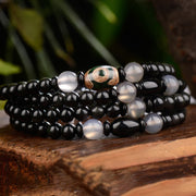 Buddha Stones 108 Beads Black Obsidian Dzi Bead Tiger Eye Agate Healing Mala Bracelet Bracelet BS 108 Beads Black Obsidian&Dzi Bead&Agate