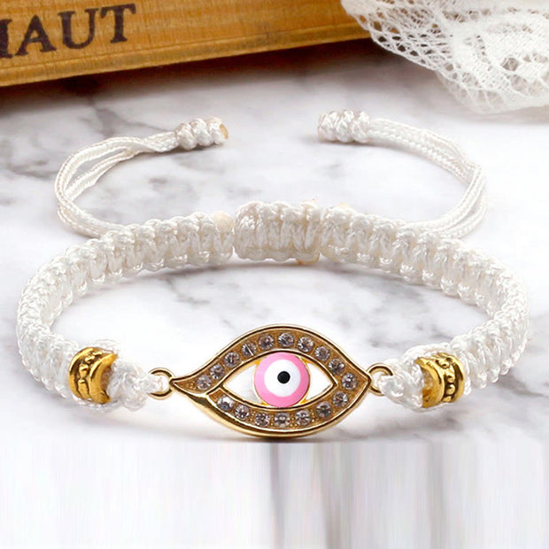 Buddha Stones Evil Eye Keep Away Evil Spirits String Bracelet Bracelet BS White Pink Evil Eye Gold Border