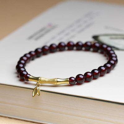 Buddha Stones 14K Copper Plated Gold 925 Sterling Silver Plated Gold Natural Garnet Bamboo Protection Bracelet
