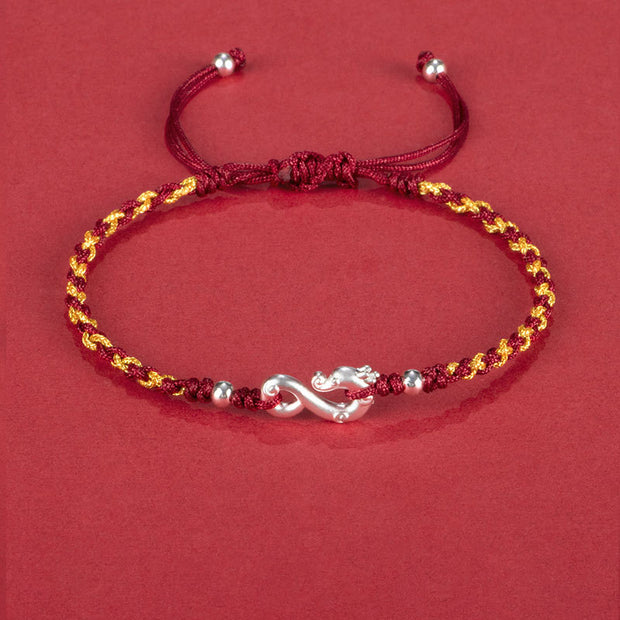 Buddha Stones 999 Sterling Silver Year Of The Dragon Luck Protection Braided Bracelet Bracelet BS Red Gold Rope(Wrist Circumference 14-19cm)