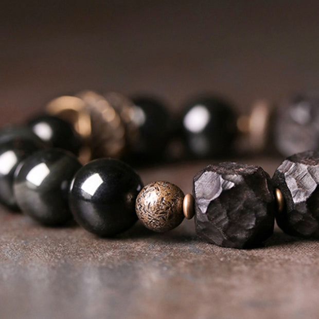 Buddha Stones Black Obsidian Ebony Wood Copper Strength Couple Bracelet Bracelet BS 8