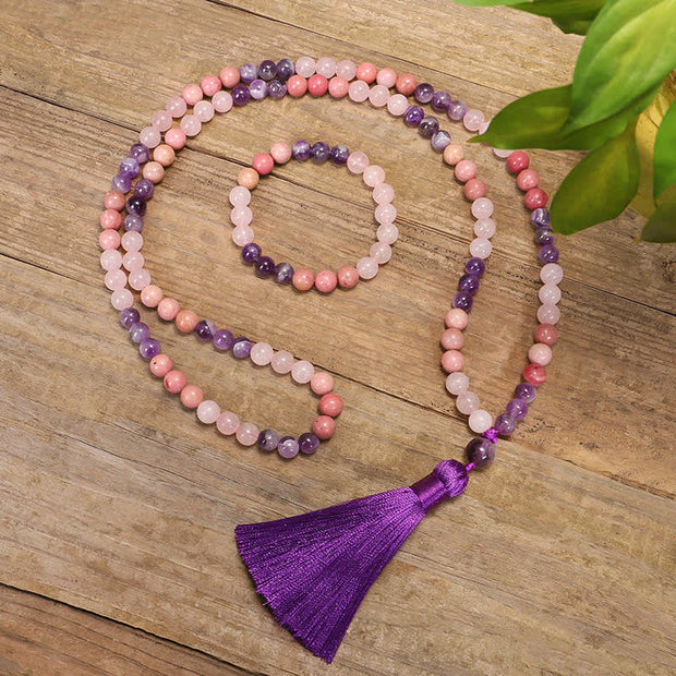 Buddha Stones 108 Mala Beads Amethyst Rose Quartz Spiritual Healing Tassel Bracelet