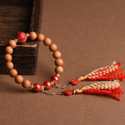 Buddha Stones Tibetan Natural Peach Wood Cinnabar PiXiu Wealth Tassels Bracelet