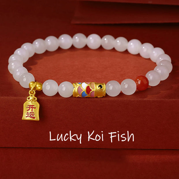 Buddha Stones 925 Sterling Silver Hetian White Jade Red Agate Koi Fish Luck Happiness Bracelet