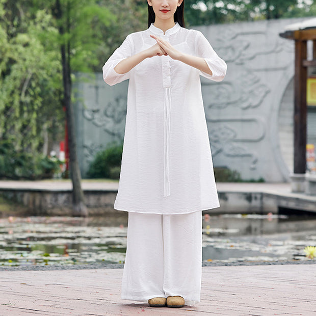 Buddha Stones 2Pcs Simple Line Pattern Yoga Clothing Meditation Clothing Top Pants Women's Set Clothes BS White(Top&Pants) XL