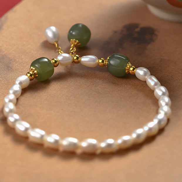 Buddha Stones 925 Sterling Silver Natural Pearl Hetian Jade Healing Bracelet Bracelet BS 5