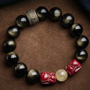 Buddha Stones Gold Sheen Obsidian PiXiu Cinnabar Om Mani Padme Hum Protection Bracelet Bracelet BS 9