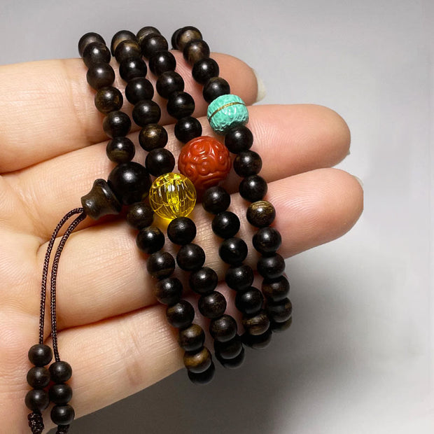 Buddha Stones Nha Trang Bai Qinan Agarwood Turquoise Amber Red Agate Strength Meditation Bracelet