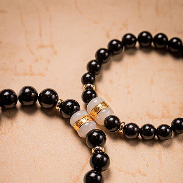 Buddha Stones Black Obsidian Jade Om Mani Padme Hum Strength Couple Magnetic Bracelet Bracelet BS 14