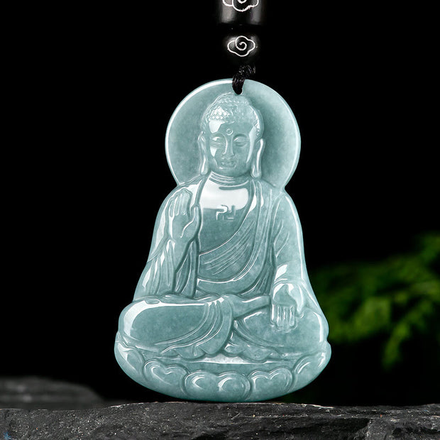 Buddha Stones Amitabha Buddha Natural Jade Lotus Amulet Compassion String Necklace Pendant Necklaces & Pendants BS 1