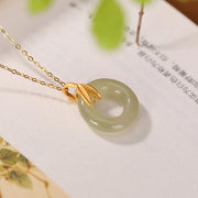 Buddha Stones 925 Sterling Silver Cyan Jade Peace Buckle Bamboo Leaf Harmony Necklace Pendant Necklaces & Pendants BS 5