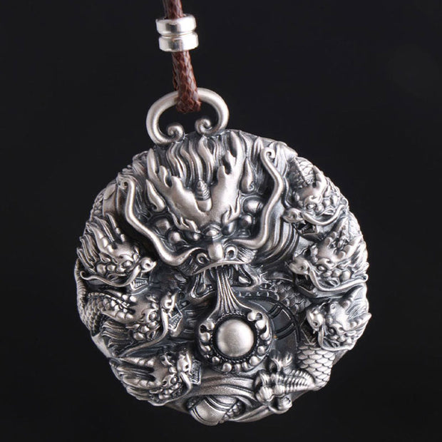 Buddha Stones 999 Sterling Silver Nine Dragons Playing With A Pearl Luck Protection Necklace Pendant Necklaces & Pendants BS 3