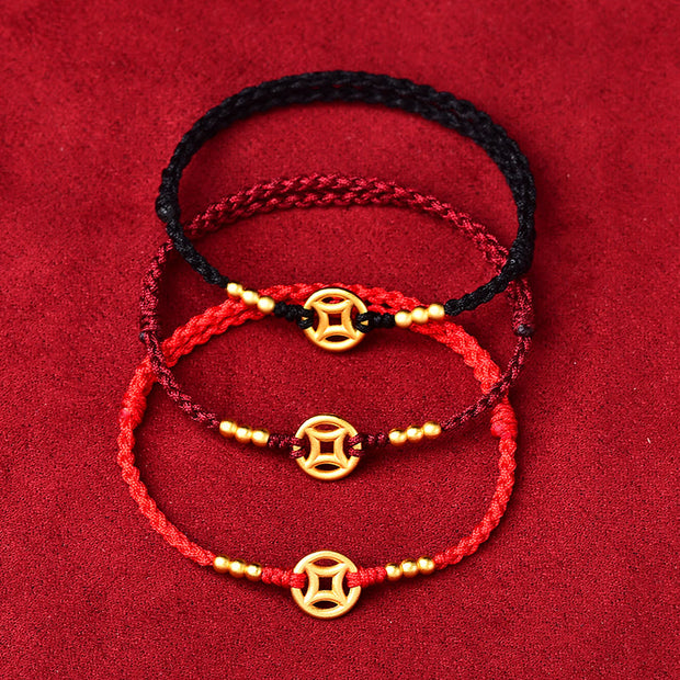 Buddha Stones Copper Coin Strength Braided String Bracelet Anklet Bracelet BS 1
