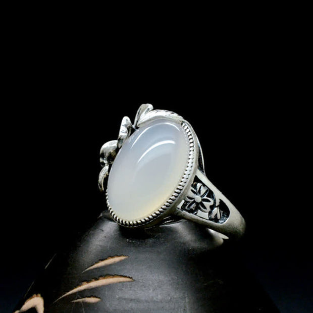Buddha Stones 990 Sterling Silver Natural Chalcedony Plum Positive Harmony Ring