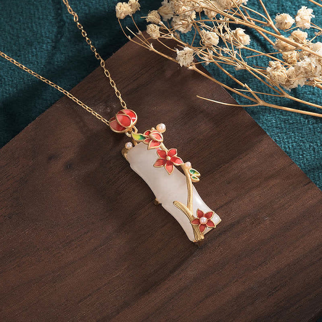 Buddha Stones White Jade Bamboo Lotus Flowers Luck Protection Necklace ...