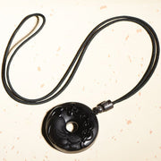 Buddha Stones Chinese Zodiac Natural Black Obsidian Peace Buckle Strength Necklace Pendant Necklaces & Pendants BS 5