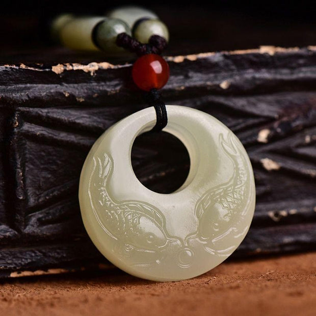 Buddha Stones White Jade Double Koi Fish Carved Prosperity Success Necklace Pendant Necklaces & Pendants BS 5
