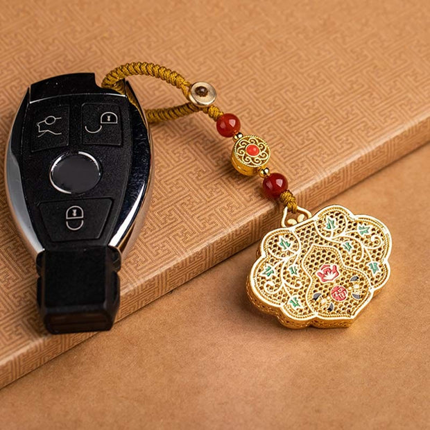 Buddha Stones Lock of Good Wishes Fu Character Luck Blessing Key Chain