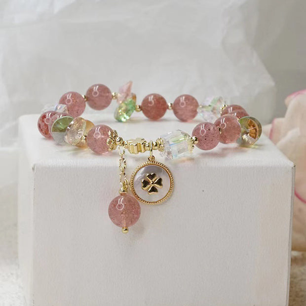 Buddha Stones Strawberry Quartz Lucky Four Leaf Clover Healing Charm Bracelet Bracelet BS 8