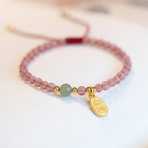 Buddha Stones Natural Strawberry Quartz Garnet Jade Lucky Fortune Fu Character Healing Charm Bracelet Bracelet BS 2
