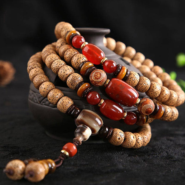 Buddha Stones 108 Beads Mala Bodhi Seed Wisdom Bracelet Mala Bracelet BS 8*11mm Bodhi Seed&Red Agate