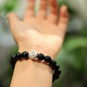 Buddha Stones 925 Sterling Silver Black Onyx Bead Character Engraved Protection Bracelet