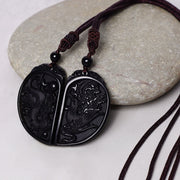Buddha Stones Black Obsidian Love Dragon Phoenix Protection Necklace Pendant Necklaces & Pendants BS 4